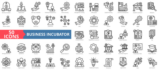 Business incubator icon collection set. Containing company,entrepreneur,service,management,training,economic,development icon. Simple line vector illustration. - obrazy, fototapety, plakaty