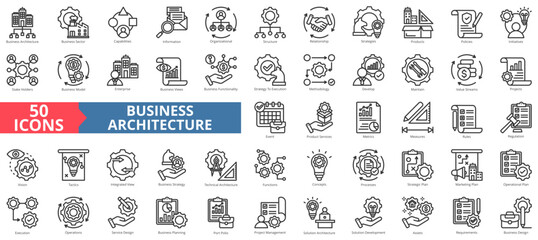 Business architecture icon collection set. Containing strategy,execution,management,execution,operations,service,planning icon. Simple line vector illustration. - obrazy, fototapety, plakaty