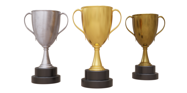 Trophies cups isolated on white transparent background, Winners podium. PNG