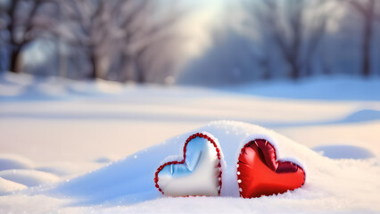 two hearts in snow, beautiful background, Valentine's Day card, gentle, stylish background