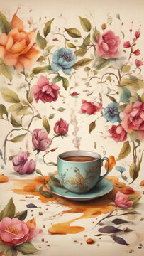 Spilled tea and cup with flowers painting illustration