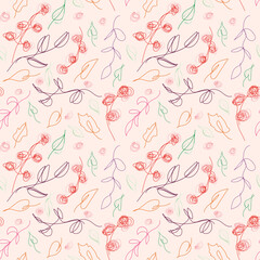 Seamless pattern with abstract berries and leaves. Vector. Lineart. For home decor, textiles, wallpaper, packaging.