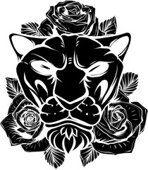 vector black silhouette of lion with rose on white background