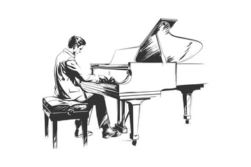 Linear sketch pianist. Vector illustration design.
