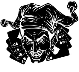 vector black silhouette of Jester s mask with cards