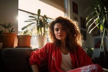 In cozy living room happy woman sitting leaned on couch 30s european female enjoy lazy weekend or vacation, housewife relaxing feels satisfied accomplish chores housework concept