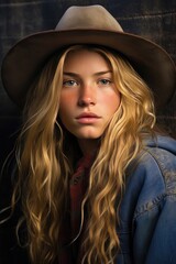 Western Charm: Portrait of a 25-Year-Old Woman with Freckles, Rugged Face, Blond Hair, and Cowboy Hat
