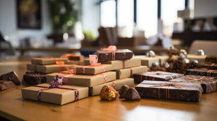 ナチュラルなラッピングの小さめのギフトボックスが山になって置かれている机の上、バレンタインのチョコレートギフト