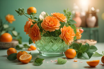 Orange bright flowers in a transparent vase. Colorful beautiful flowers composition for Valentine's Day., Wedding, Birthday and more. Generative AI.