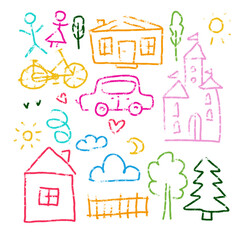 Wax crayon like kids hand drawn elements set - house, sun, tree, car isolated on white. Like child s painted colorful pastel chalk vector design elements. Set of like kid s pencil painting objects.