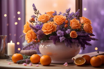 Juicy composition of lavender, roses and tangerines. Colorful beautiful flowers composition for Valentine's Day., Wedding, Birthday and more. Generative AI.