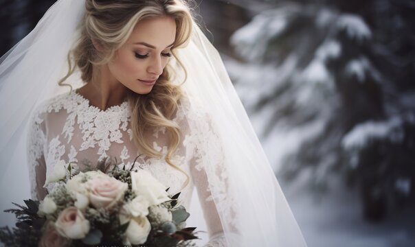Primo piano sposa bionda, porta il bouquet