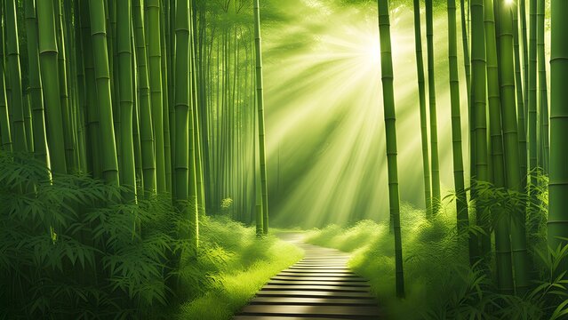 A serene image of a bamboo forest, where sunlight filters through the dense foliage, casting tranquil shadows on the peaceful ground.