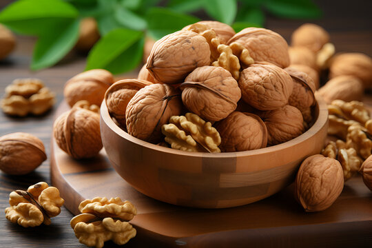 Whole Walnuts in Wooden Bowl