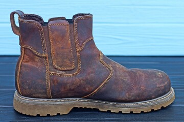 one brown leather old stylish warm winter without laces fashionable with rubber sole comfortable heavy handsome men's boots stands on a black wooden table