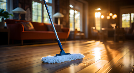 a mop on the wood floor with white cloth, in the style of contemporary diy, rounded, lens flare, 3840x2160, light navy and light beige, monochromatic color scheme, organic modernism