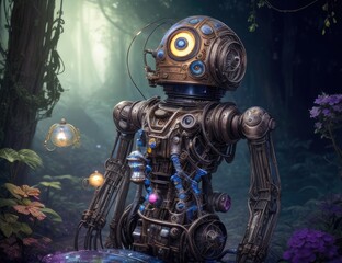 3d rendering of a robot in fantasy forest with moon and stars
