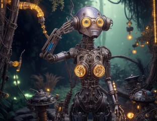 3D rendering of a robot in a fantasy forest. Fantasy world.
