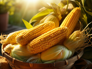 Close-up of harvested ripe corn cobs on a sunlit stalk, showcasing their golden kernels and natural textures.