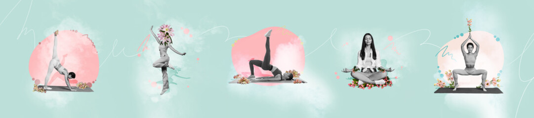Template panorama collection collage young women sportive people stretching and doing yoga exercises in flowers isolated on blue background