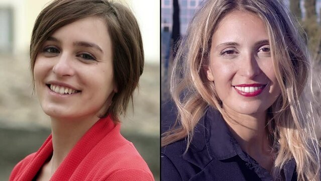 Two girls smiling in a split screen, showcasing pure joy and happiness.