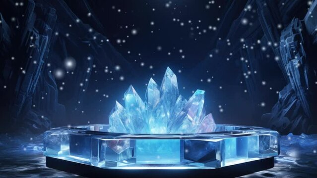 Animated mockup, transparent ice stage, snow falling on podium with ice crystals, dark blue and white colors on dark abstract background