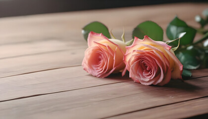 beautiful pink rose flowers on a wooden table - copy space area. A gift for the holiday of Valentine's day created with generative ai