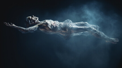 A ghost rising up on dark background, Soul's Exit in a Hyper realistic illustration, background photo wallpaper
