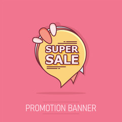 Obraz premium Vector cartoon super sale banner icon in comic style. Badge shopping illustration pictogram. Super sale business splash effect concept.