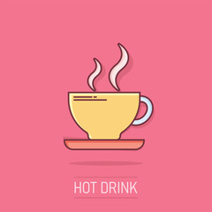 Vector cartoon coffee cup icon in comic style. Tea mug sign illustration pictogram. Coffee business splash effect concept.