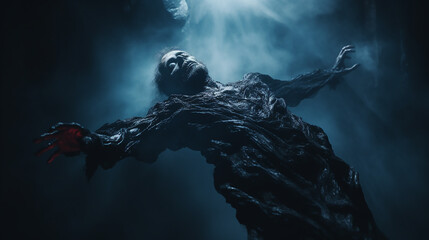 A ghost rising up on dark background, Soul's Exit in a Hyper realistic illustration, background photo wallpaper