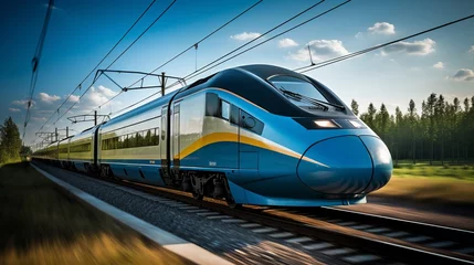 Keuken spatwand met foto Elevated view of a sleek high speed train rushing along the tracks with a blur effect © Ilja