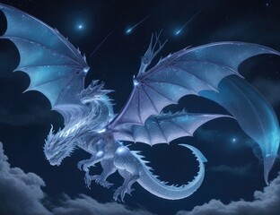 3D rendering of a fantasy dragon in the night sky with stars
