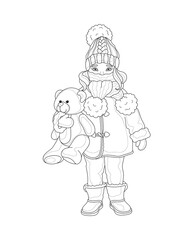 A girl in winter clothes holds a bear toy in her hand. Vector black and white illustration. Coloring.