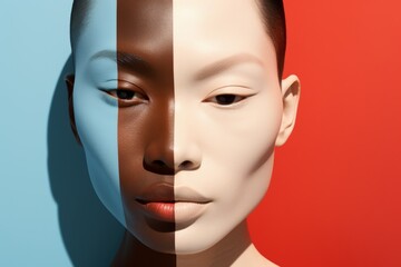 Asian woman with painted face in different colors, ethnic diversity concept.