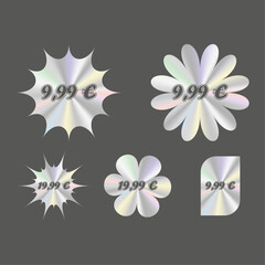 Holographic stickers with price on euro. Holographic labels with various shapes. Holographic textured  stickers for preview tags, labels, price tags. Vector graphics. EPS 10.