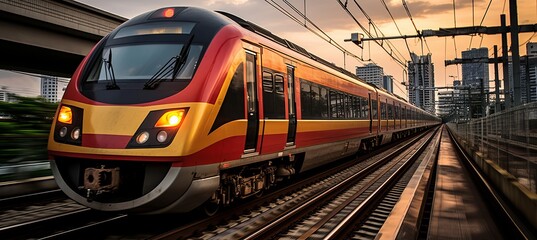 Sleek high speed train rushing on tracks, showcasing futuristic transportation technology