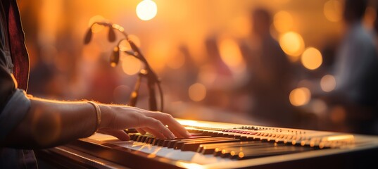 Passionate musician playing keyboard on defocused background with text space for creative design