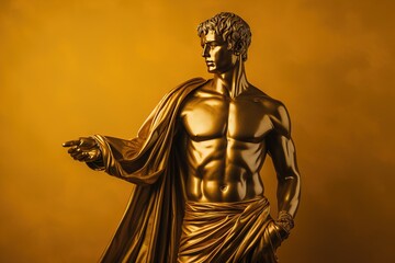 A beautiful ancient gold greek, roman stoic male statue, sculpture on a golden backdrop. Great for philosophy quotes. - obrazy, fototapety, plakaty