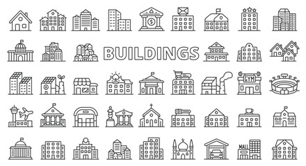 Buildings icons line design. House, city, architecture, cityscape, office, bank, hospital, store, factory, home vector illustrations. Buildings editable stroke icons.