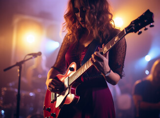 Charming hipster woman with curly hair with red guitar in neon lights. Rock musician is playing electrical guitar. 90s style concept. - obrazy, fototapety, plakaty