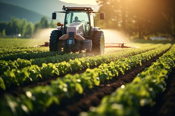 Advanced tractor precisely spraying pesticides on vegetable field to protect crops from pests - obrazy, fototapety, plakaty