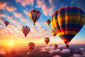 Fototapeta premium Beautiful hot air balloons against the sky, aerial view of rising balloons on cloudscape.
