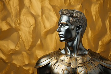 A beautiful ancient gold greek, roman stoic male statue, sculpture on a golden backdrop. Great for philosophy quotes.