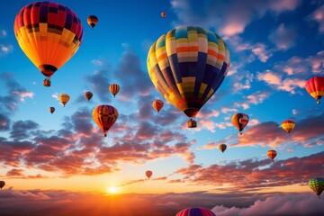 Fototapeta premium Beautiful hot air balloons against the sky, aerial view of rising balloons on cloudscape.