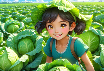 Smiling girl in cabbage field - 693556674