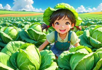 Smiling girl in cabbage field - 693556688