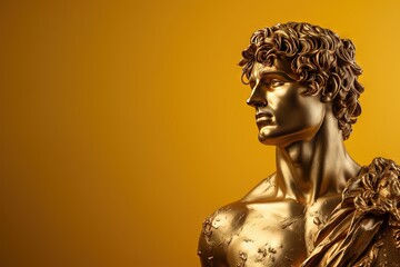 A beautiful ancient gold greek, roman stoic male statue, sculpture on a golden backdrop. Great for philosophy quotes. - obrazy, fototapety, plakaty