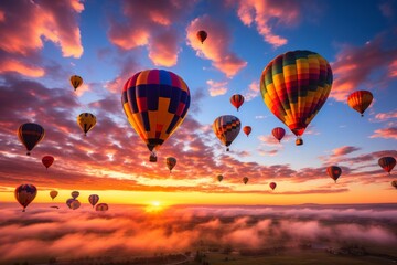 Beautiful hot air balloons against the sky, aerial view of rising balloons on cloudscape.