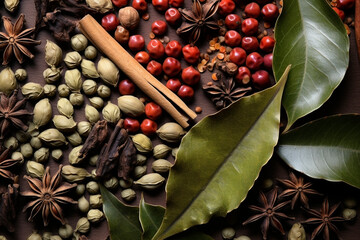 Peppercorns, bay leaves and cinnamon roll on a wooden background